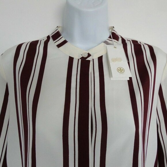 NWT TORY BURCH Stretch Silk Dark Plum Awning Stripe Button Down Top Blouse 6 - Picture 3 of 7